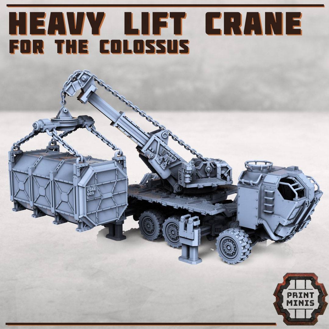 Colossus Heavy Lift Crane | Mit Container wie abgebildet | Für 28mm Miniatur-Skala | Modular | Tabletop | Fahrzeug | Grimdark | Wasteland - Role Playing Miniatures