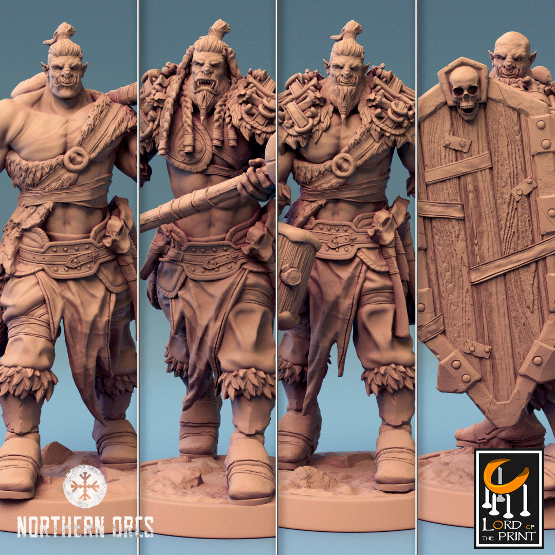 Orc Soldier Hammer, Clan Northern Orcs | 4 Posen | inkl. Base und DnD Stats als PDF | unbemalt, Grau | für 32mm Scale | Tabletop | Grimdark - Role Playing Miniatures