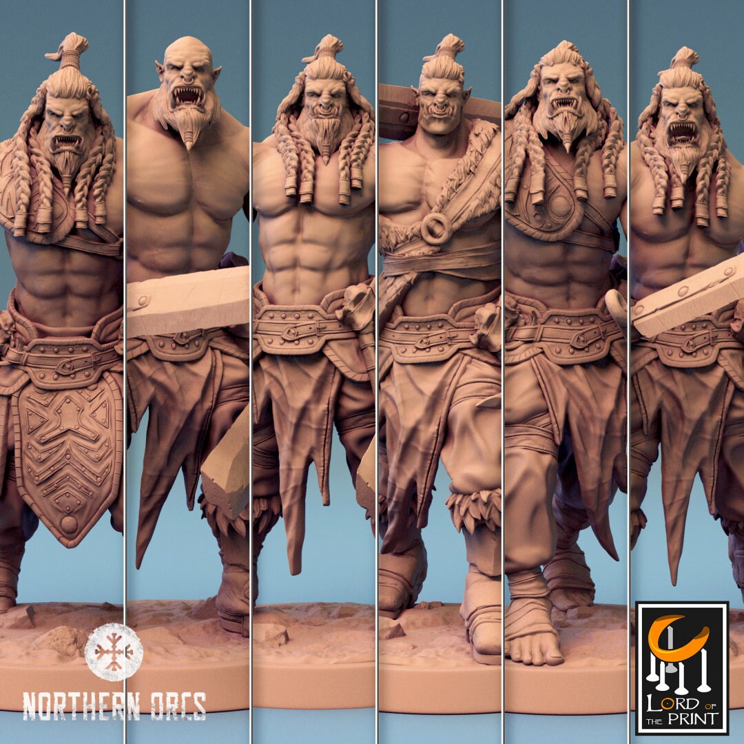 Orc Soldier Sword, Clan Northern Orcs | 6 Posen | inkl. Base und DnD Stats als PDF | unbemalt, Grau | für 32mm Scale | Tabletop | Grimdark - Role Playing Miniatures