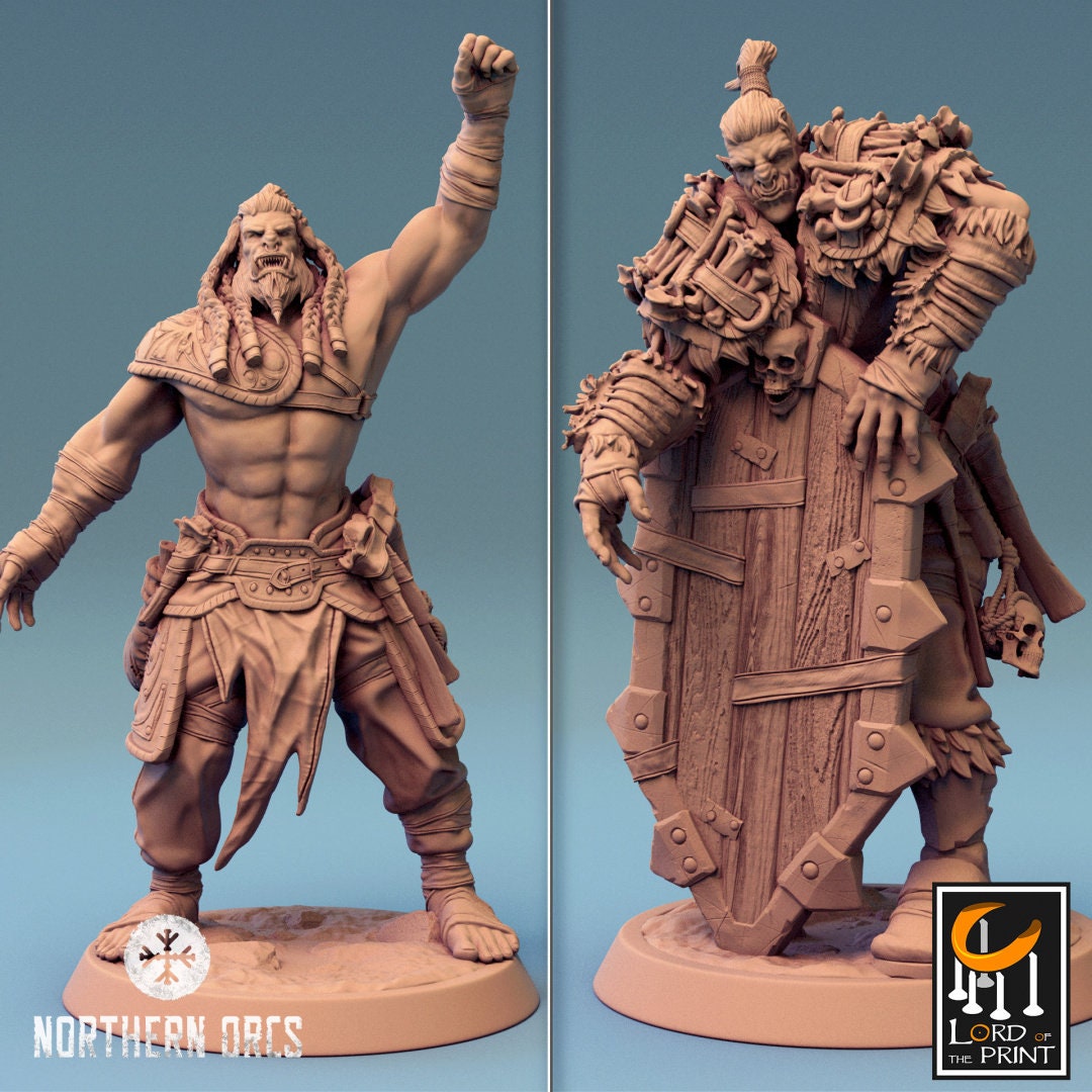 Orc Soldier, Clan Northern Orcs | 2 Posen | inkl. Base und DnD Stats als PDF | unbemalt, Grau | für 32mm Scale | Tabletop | Grimdark - Role Playing Miniatures