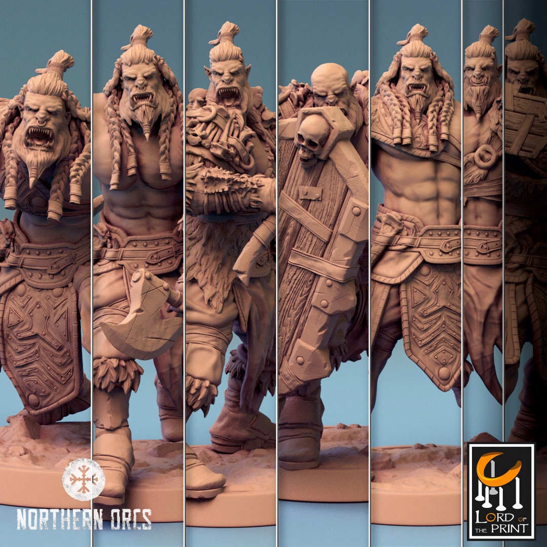 Orc Soldier Axe, Clan Northern Orcs | 6 Posen | inkl. Base und DnD Stats als PDF | unbemalt, Grau | für 32mm Scale | Tabletop | Grimdark - Role Playing Miniatures