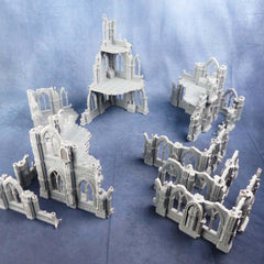 Tabletop, Gebäude, Set 13-teilig "Sci-fi Ruinen", 3 Stile, kombinierbar bis zu 2 Etagen, Scale 28/32mm, glatter Harzdruck, 40K, Grimdark - Role Playing Miniatures