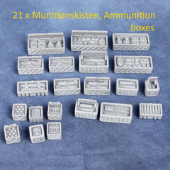 61 x verschiedene Versorgungskisten, 3 Sets, Leer-, Rohstoff- und Munitionkisten, 28-32mm Skala, Tabletop, Grimdark, 40K, Warhammer - Role Playing Miniatures