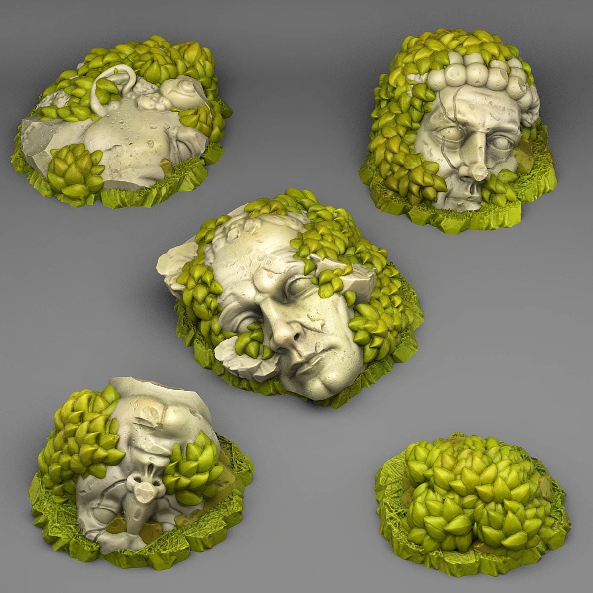 Tabletop Miniatur Figur "Overgrown Statues" für 28mm Maßstab, im Set oder einzeln erhältlich, unbemalte Ruinen für Terrain und Diorama - Role Playing Miniatures