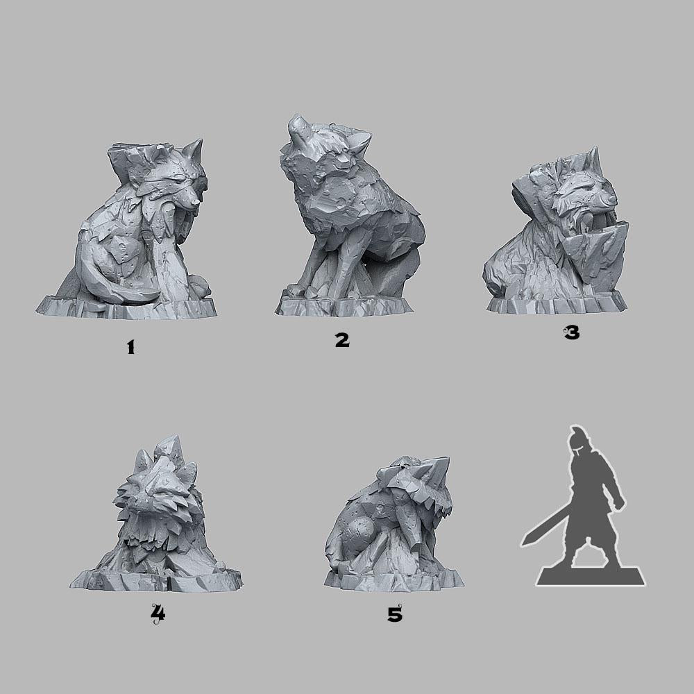 Tabletop Miniatur Figur "Mythic Rockwolves" für 28mm Maßstab, im Set oder einzeln erhältlich, unbemalte Steine für Terrain und Diorama - Role Playing Miniatures